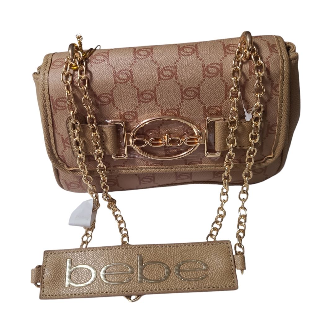 BEBE Leilani Printed Logo Monogram Shoulder Bag With Gold Chain Almond/Tan NWT